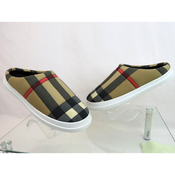 $620 BURBERRY HOMIE WOMEN QUILTED BEIGE CHECK LOGO LOAFER MULES SLIPPERS 37 - Picture 4 of 13